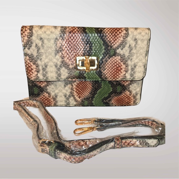 Designer inspired Python Embossed Clutch Convertible Bag, Bamboo Closure, Vegan - Picture 3 of 6